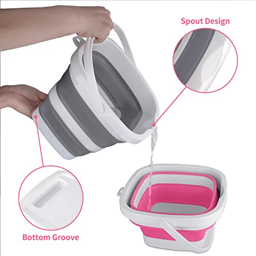 2 Pack Collapsible Buckets 5L 1.3Gallon Small Cleaning Bucket for Household Portable Plastic Bucket Outdoor Car Washing Tub Foldable Camping Beach Sand Water Pot Pail Space Saving Square Grey and Pink - color: Grey+pink
