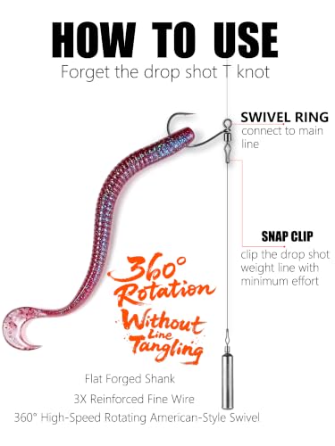 40-Pack Swivel Drop Shot Hooks, Weedless Wide Gap Quick Clip Hooks, Premium Carbon Steel Sharp Anti-Twist Rust-Proof Fishing Hooks, Easy Rigging for Bass Senko Worms Wacky Finesse Fishing - size: Wacky 2/0
