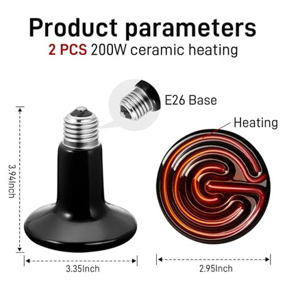 Ceramic Heat Emitter, 200W Reptile Heat Bulb 2-Pack, No Light Infrared Heating Lamp for Bearded Dragon, Snake, Lizard, Tortoise, Chicken Coop & Amphibian (E26 Base, Black)