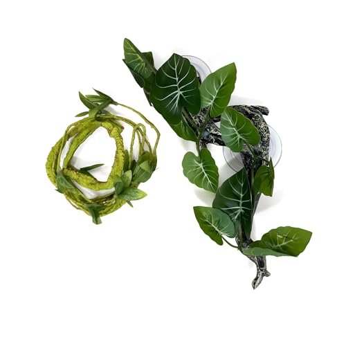 Reptile Climbing Vine 2-Pack – Resin Driftwood with Suction Cups & Bendy Ivy (Medium-Large 10") for Terrariums, Geckos, Lizards, Snakes, and Reptile Habitats (Jungle Leaf) - color: Jungle Leaf