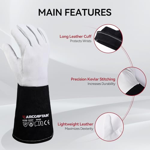 ARCCAPTAIN Soft Goat Grain TIG Welding Gloves with High Dexterity, 4-Inch Extended Cuff, Comfortable TIG Gloves with Reinforced Seams, Large - size: Large