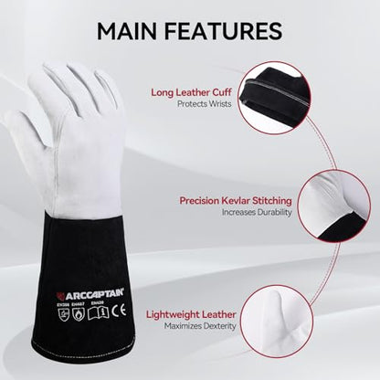 ARCCAPTAIN Soft Goat Grain TIG Welding Gloves with High Dexterity, 4-Inch Extended Cuff, Comfortable TIG Gloves with Reinforced Seams, Large - size: Large