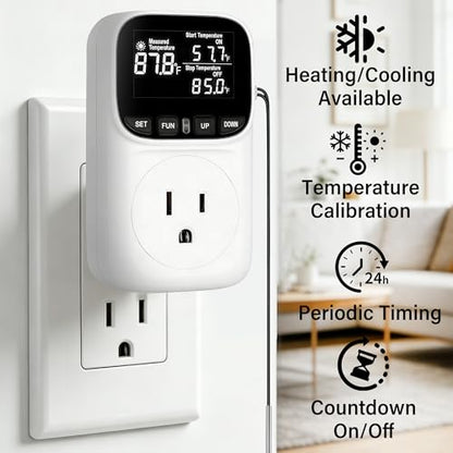 Digital Temperature Controller,15 Amp/1800 Watt Thermostat Socket Plug | VA Display for Heating and Cooling Control Timer,Suitable for Greenhouse Incubators,Homemade Equipment,etc. - color: White