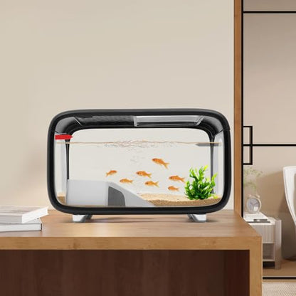 Desktop Fish Tank, 3.2Gal Small Betta Fish & Turtle Tanks, Aquarium Bowl with Detachable Basking Platform, Multi-Functional Areas Aquascape Tanks for Fish Terrapin Frog Shrimp Crab (Black) - color: Black