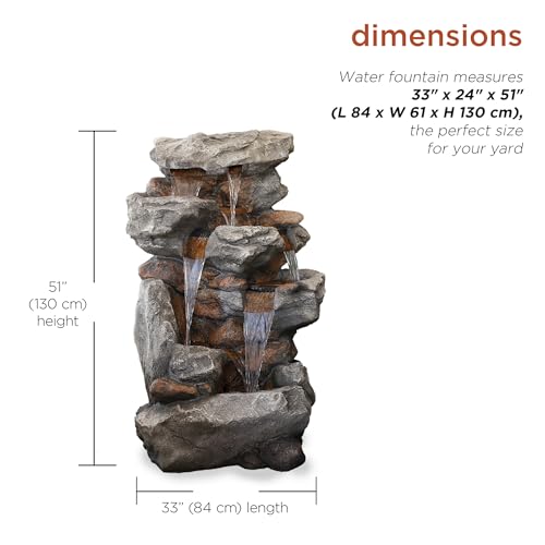 Alpine Corporation WIN730 Outdoor Floor Tiered Rock Waterfall Fountain with LED Lights and Natural Stone Look, 52", Brown - style: 5-Tier 52" H - Cool White LEDs