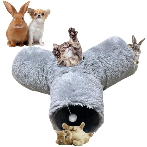 3-Way Collapsible Cat Tunnel Tube Toy Grey Plush | Interactive Play Tunnel with Hanging Ball & Peek Hole for Indoor Cats, Kittens, Puppies & Rabbits | Hours of Fun & Exercise - color: Grey Plush