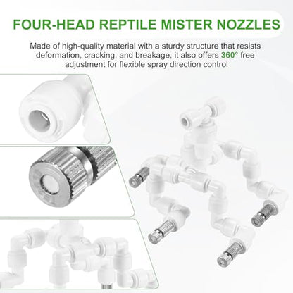 M METERXITY Reptile Mister Nozzles, 0.2mm Pore Copper 1/4" Four-Head Reptile Misting Spray Nozzle with filter Plug for Terrarium/Vivarium, 360 Degree Adjustable Nozzle [White]