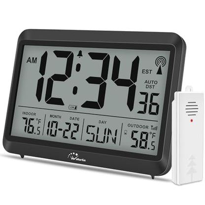 8.5'' Digital Atomic Clock with Indoor Outdoor Temp | Battery Operated Self-Setting Clock with Day and Date, 4 Time Zones, Auto DST, Suitable for Classroom, Office, Living Room - size: 8.5 INCH