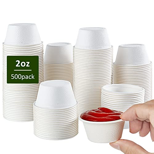 Vplus 500 Pack 2 OZ Disposable Souffle Cups, Compostable Portion Cups | Made From Bagasse Fibe, Perfect For Dips, Food Sample, Jams, Honey, Sauces, Nuts - color: 2OZ 500PACK