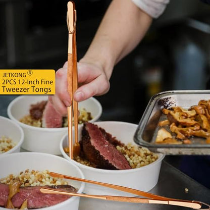 JETKONG 2 Pcs 12-Inch Kitchen Tweezers Cooking Tweezer Tongs Stainless Steel Long Food Tweezers (Rose Gold) - color: Rose Gold, size: 12+12 Inch