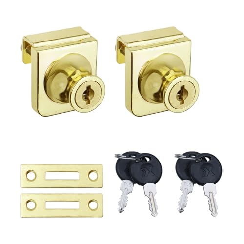 Glass Showcase Lock, Gold Rectangular, 1.38x1.26 Inch, 2 Sets | No Drill Installation, Key Different, Fits 0.2-0.3 Inch Glass, Zinc Alloy, For Display Cabinets Jewelry Cases - color: Gold, size: 1.38 x 1.26 Inch, style: Key Different - Door to Board