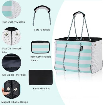 Hibala Neoprene Multipurpose Beach Bag,Gym/Travel/Pool Bag,Tote For Women&Men - color: Green Stripe