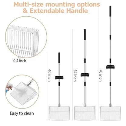 Chicken Poop Scooper with Ergonomic Grip | 15-inch Large Sifting Head, Adjustable Length 24 to 70", Stainless Steel, for Chicken Coop/Goat Stall/Stable Cleaning