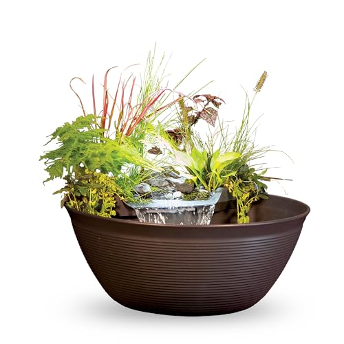 Aquascape AquaGarden Container Water Feature Kit – Indoor & Outdoor Mini Pond with Waterfall Fountain, Pump & Filtration for Home & Patio, Brown - color: Brown