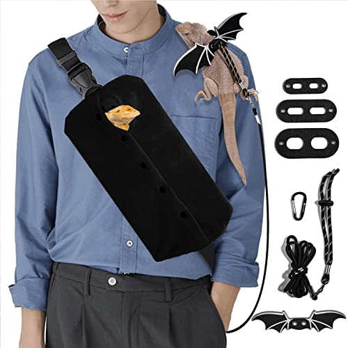 WATFOON Adjustable Lizard Leather Leash Harness and Bearded Dragon Carrier Sling, Reptile Small Pet Training Leashes and Beardie Snuggle Sling Bag for Outdoor Travel (XL Black) - color: Black, size: Leash + XL Black Sling (Gift)