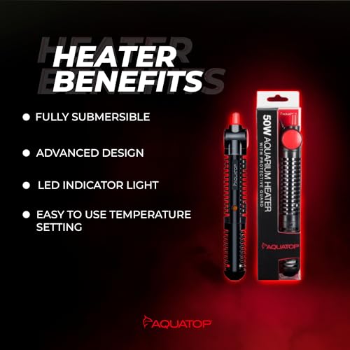 Aquatop 50W Premier Glass Heater with Guard – Submersible for Fish Tanks Up to 13 Gallons – 68-93°F Adjustable Temp – Fresh & Saltwater Use - size: 50 Watts