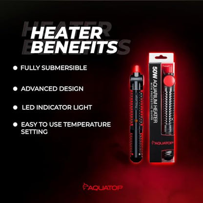 Aquatop 50W Premier Glass Heater with Guard – Submersible for Fish Tanks Up to 13 Gallons – 68-93°F Adjustable Temp – Fresh & Saltwater Use - size: 50 Watts