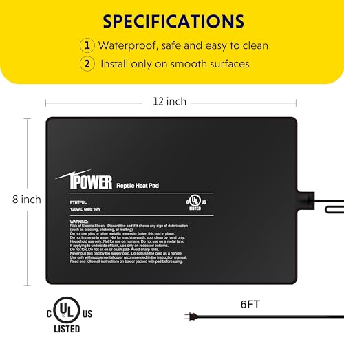 iPower 8x12 Inch Reptile Heating Pad, Under Tank Heater Terrarium Warmer Heat Mat for Turtles, Lizards, Frogs, Snakes, Safe & Energy-Efficient - color: Black/Heat Pad, size: 8" x 12"
