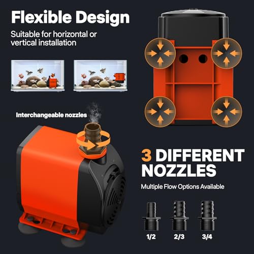 DOKO 800GPH Submersible Water Fountain Pump for Pond, Aquarium, Hydroponic | 3000L/H 60W Ultra Quiet Water Pump with 10ft Lift, Adjustable Flow, 6FT Power Cord & 3 Nozzles for Waterfall, Statuary - size: 60W 800GPH