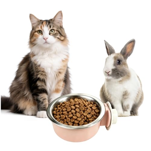 2Pcs Pets Lightweight Stainless Steel Bowl,Removable Stainless Steel Pet Hanging Food Water Feeder Bowl for Puppy Dog Cat Rabbit Ferret Bird Gunea Pigs (Pink-Small) - size: Pink-Small