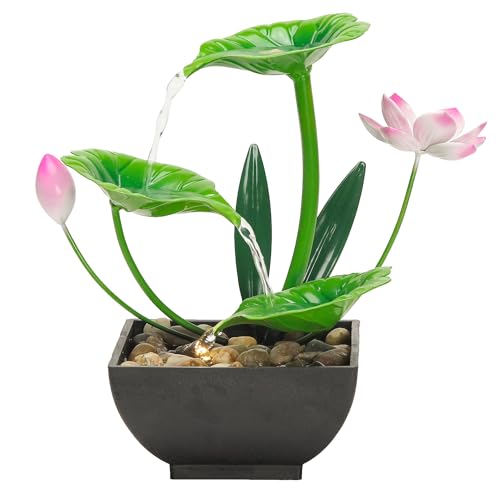Water Fountain Indoor Waterfall Fountain 3-Tier Tabletop Fountain Lotus Desk Relaxation Home Decor Including Lots of Rocks and Soothing Sound Machine (Green 1) - style: whisper of lotus