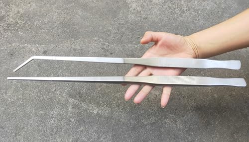 2Pcs set of aquarium water grass tweezers, measuring 18 inches length, with straight and curved ultra long stainless steel Heavy tweezers, reptile feeding pliers, aquarium clip pliers (18")