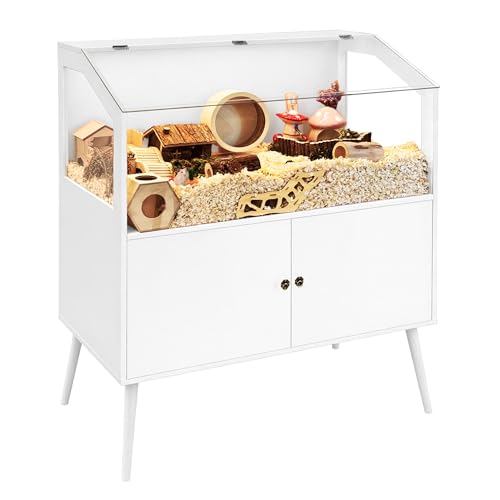 PROLEE Hamster Cage with Storage Cabinet,Large Hamster Encloure Chew Proof Wood,Clear View Hamster Habitat for Guinea Pig, Ferret, Rat, Hedgehog, 40" L x 20" W x 47" H (White) - color: White