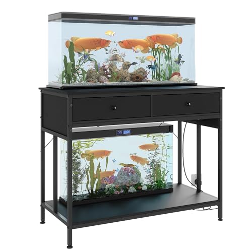 GarveeHome 40-50 Gallon Aquarium Stand with Power Outlet & 2 Drawers, Dual Metal Fish Tank Stand Adjustable Height Feet, 660 Lbs Capacity, for Reptile Terrariums Black - color: Black