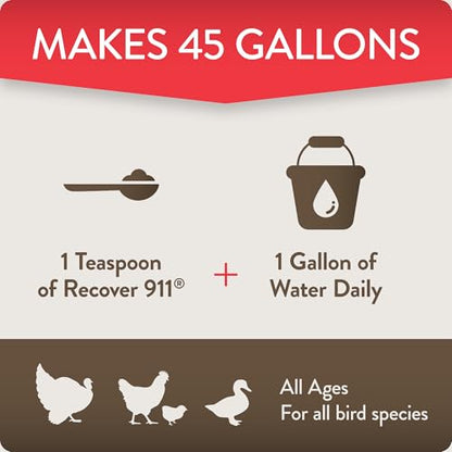 Recover 911, Severe Stress Probiotic Water Supplement for Chickens with Electrolytes, Prebiotics & Oregano, Molting, Extreme Weather, and Predator Attack Support, 8 oz (Pack of 2) - size: 8 Ounce (Pack of 2), style: Recover 911