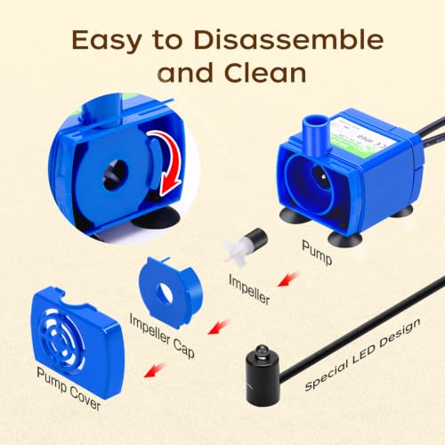 Cat Water Fountain Pump, Pet Water Fountain Pump Compatible Motor, DR-DC160 for Cat Drinking Fountain Cat Water Dispenser Replacement (Pump) | IP68Waterproof, Blue LED light, USB Port, Ultra-Quiet At Under 25 dB, Low Power Consumption Of 1.5 W
