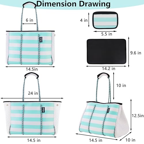 Hibala Neoprene Multipurpose Beach Bag,Gym/Travel/Pool Bag,Tote For Women&Men - color: Green Stripe
