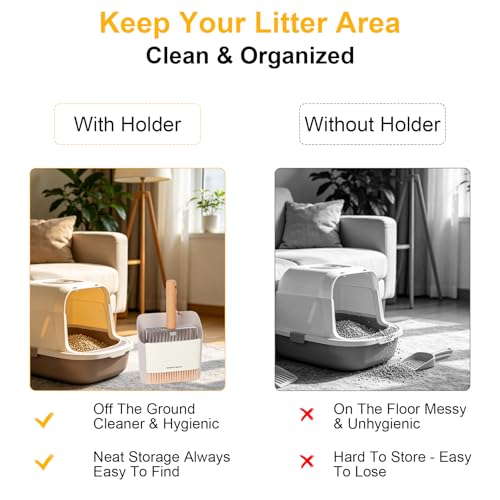 Cat Litter Scoop with Holder, Heavy Duty Stainless Steel Kitty Scooper | with Coarse and Fine Mesh, Includes Broom and Dustpan Set, Quick Sift and Easy Clean, Orange - color: Orange