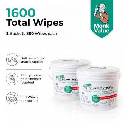 Monk Disinfecting Wipes (2 Buckets of 800 Count) for Commercial Facilities | Heavy Duty Cleaning Wipes - 3in1 Disinfectant, Deodorizer & Sanitizer Cleaning Supplies – All Purpose Cleaner for Home & Gym - size: 800 Count (Pack of 2)