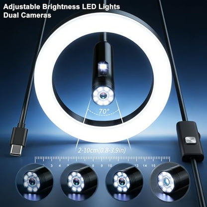 Endoscope Camera with Light,16.4ft Dual-Lens Borescope Tools with 8 Adjustable LED Lights, Endoscope with Semi-Rigid Snake Camera, IP67 Waterproof Inspection Borescope for iOS and Android - size: Dual-Lens 16.4ft