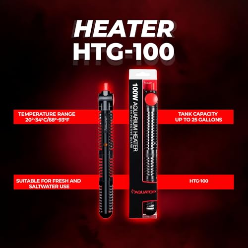 Aquatop 100W Premier Glass Heater with Guard – Submersible for Fish Tanks Up to 25 Gallons – 68-93°F Adjustable Temp – Fresh & Saltwater Use - size: 100 Watts