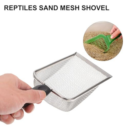 POPETPOP Stainless Steel Reptile Sand Shovel with Fine Mesh Sifter 10.62In Ergonomic Handle for Tortoise Lizard Snake Bedding and Terrarium Substrate Cleaning