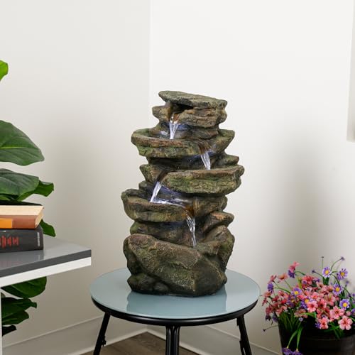 Alpine Corporation 20" H Outdoor Multi-Level Rock Floor Fountain with LED Lights, Brown - color: Brown - 20"h Rock W/ Leds