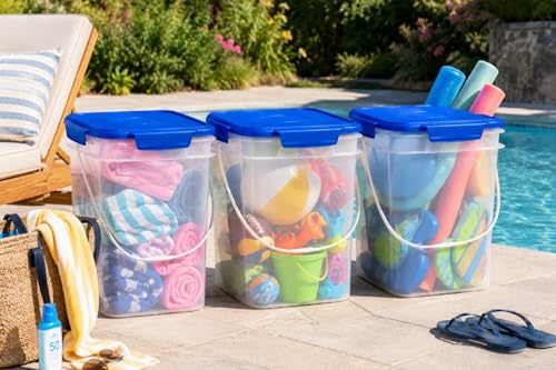 4 Gallon Square Food Grade Bucket Pail with Plastic Handles and Lid (Pack of 3) Made in USA containers (Clear - Blue lids) - color: Clear - Blue Lids