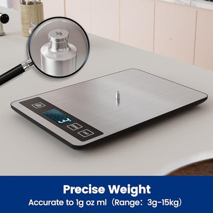 【33 lb & USB Rechargeable】 Digital Kitchen Food Scale Kitchen Scale, Stainless Steel Digital Weight Grams and Oz, Baking and Cooking, 0.1oz/1g Precise, 6 Weight Units (B1)