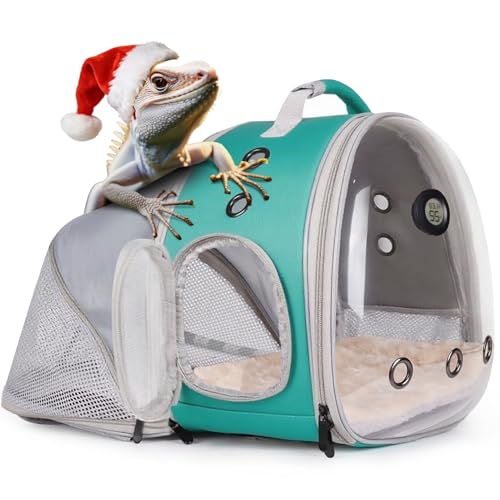 Back Extention Bearded Dragon Travel Backpack Carrier with Reptile Thermometer and Humidity Gauge Lizard Travel Cage Space Capsule Clear Bubble Window Astronaut Reptile Carrier Bag for Ball Python - color: Green