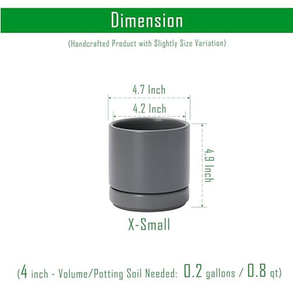 D'vine Dev 4-Pack Ceramic Pots with Saucers, Grey, 4.7 in, 94-X-B-3 | Glazed Ceramic, Drainage Hole and Saucer, Sleek Cylinder Shape, High Temperature Fired, Ideal for Small Houseplants - color: Gray, size: 4.7 Inch
