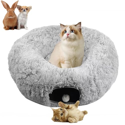 Cat Bed Tunnel Tube Toy Grey Plush | Collapsible Round Tunnels for Indoor Cats, Interactive Toys Play Tubes with Hanging Ball for Kitten, Puppy, Rabbit - color: Grey Plush O