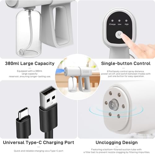 Professional Fogger Machine, 380ml Wireless Nano Sprayer Gun | Rechargeable ULV Atomizer with Blue Light for Touchless Cleaning - color: White