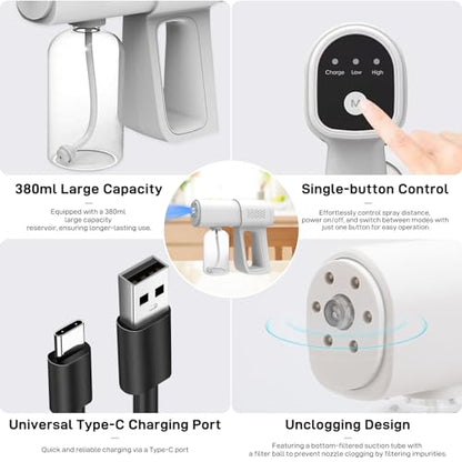 Professional Fogger Machine, 380ml Wireless Nano Sprayer Gun | Rechargeable ULV Atomizer with Blue Light for Touchless Cleaning - color: White