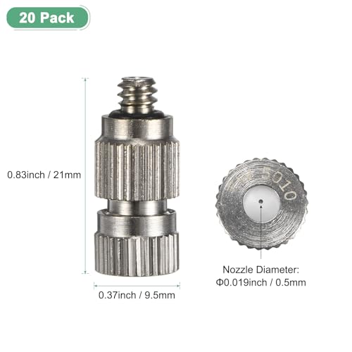 M METERXITY 20-Pack Brass Misting Nozzles, 0.019"/0.5mm Orifice Mister Nozzles Brass, High Pressure Spray Misting Nozzle Head for Outdoor Cooling System/Greenhouse/Landscaping [3/16] - size: 0.5mm