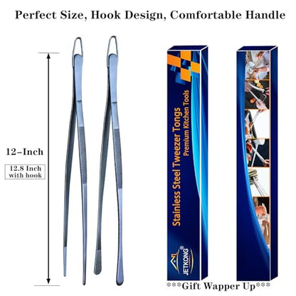 JETKONG 2 Pcs 12-Inch Cooking Tweezer Tongs Stainless Steel Kitchen Tweezers Plating Tongs (Navy Blue) - color: Navy Blue, size: 12+12 Inch