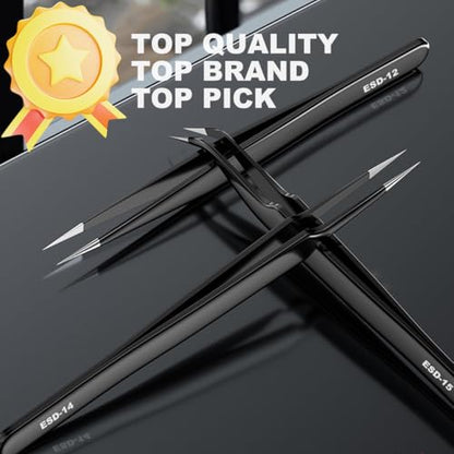 Antonki 12-in-1 Precision Metal Tweezers Set with Leather Case | High Quality, 1.5mm Thick, Strong Hardness, Rustproof, Anti-Static, Tips Cover, Complete Set, Portable Design - color: Precision Tweezers 12 Pack W/ Case - Black