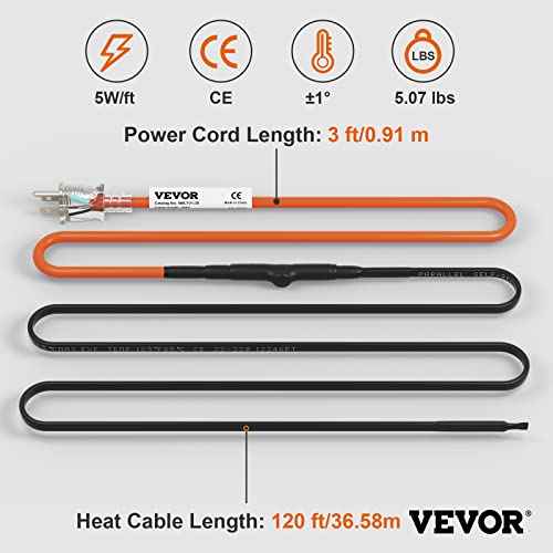 VEVOR Self-Regulating Pipe Heating Cable, 120-feet 5W/ft Heat Tape for Pipes Freeze Protection, Protects PVC Hose, Metal and Plastic Pipe from Freezing, 120V - size: 120 Feet