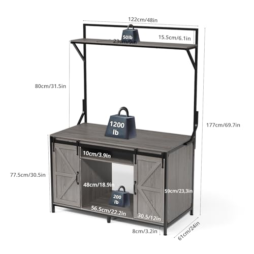 VOWNER 48"x24" Reptile Tank Stand with Power Outlet & Storage Cabinet, Grey | Fits up to 120 Gallon Bearded Dragon Tank, Sliding Barn Doors, Heavy Duty Aquarium Stand, Reptile Turtle Terrarium Stand - color: Grey