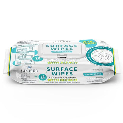 Juniper CLEAN 1 Pack Surface Wipes with Bleach, All-Purpose Cleaner for Bathroom, Kitchen, Office, 72 Count Soft Flow, Fresh Scent, Lint Free & Durable - size: 72 Count (Pack of 1)